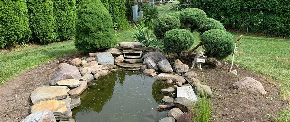 A water feature landscape after spring yard cleanup services in Macomb, MI.