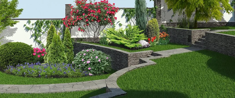 A 3D design rendering of a backyard landscape in Macomb, MI, with retaining walls and plants.