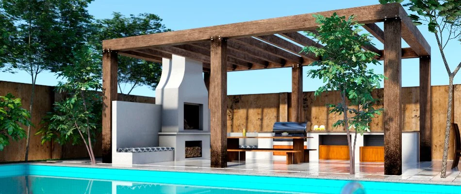 3D design rendering of an outdoor kitchen in Macomb, MI.