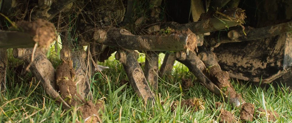Aeration machine on a lawn in Macomb, MI.