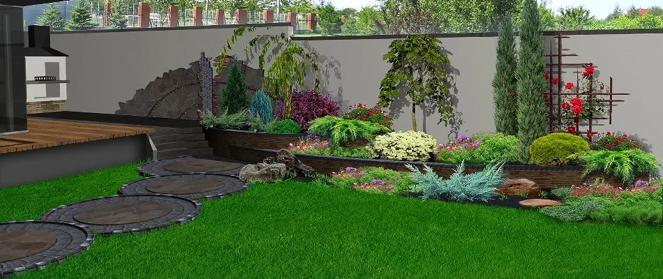 A 3D design rendering of a backyard landscape in Macomb, MI, with landscape beds and plants.