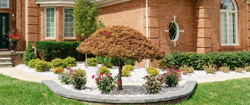 Brick house in Macomb, MI, with plants and rocks in a landscape.
