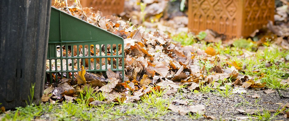 A pile of leaves with a rake next to a trash can at a home in Macomb, MI. 