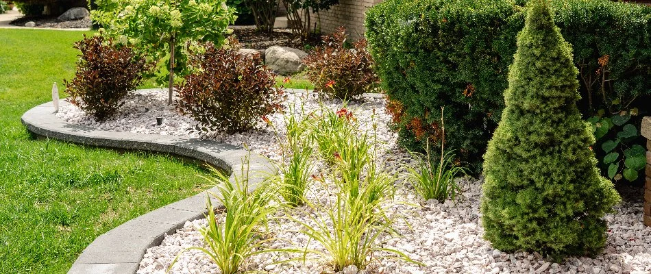 Rock landscape in Macomb, MI, with shrubs and ornamental grasses.