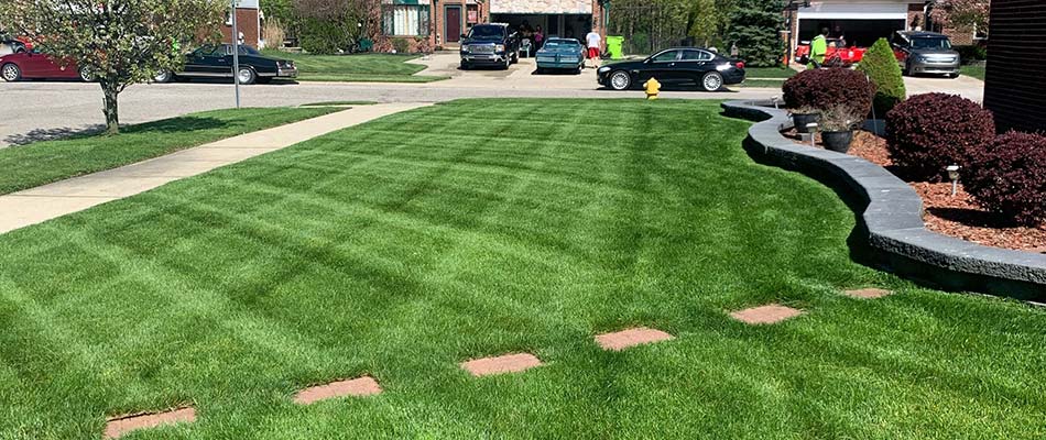Beautiful, healthy, bright green lawn with mowing lines in Romeo, MI.