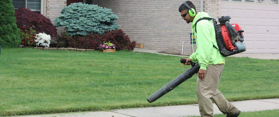 Man using gas-powered blower to blow debris from sidewalk in Chesterfield, MI. 