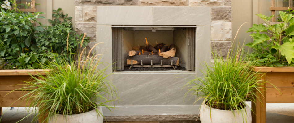 Close up on the front of a stone fireplace installed in our client's backyard in Sterling Heights, MI. 