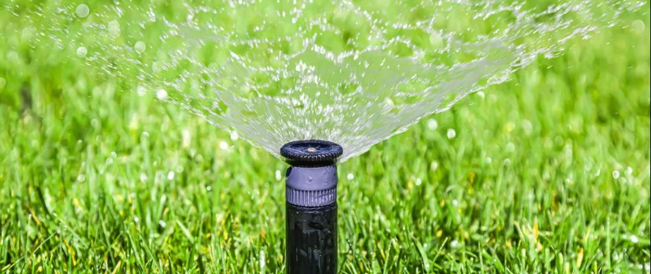 Irrigation system spraying water on a lawn in Birmingham, MI.