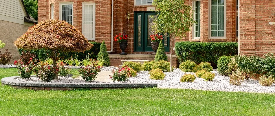 Landscape bed in Hazel Park, MI, with flowers, shrubs, and rocks.