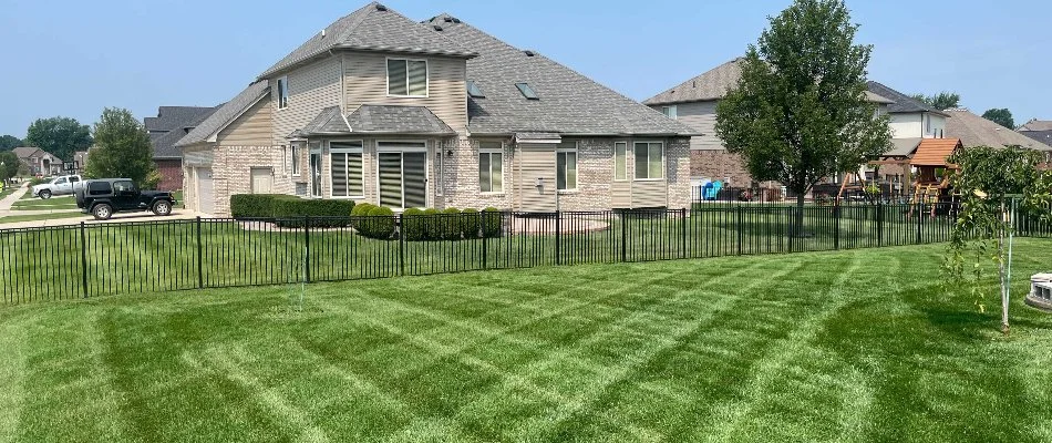 Manicured lawn with black fence in Huntington Woods, MI.