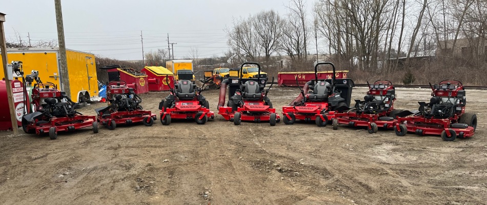 Mower equipment lined up for services in Rochester Hills, MI.