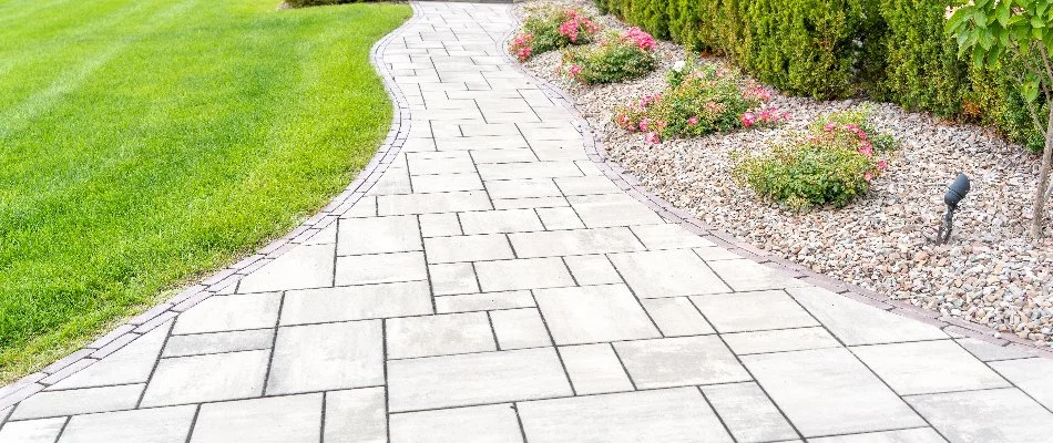 Paver walkway in Royal Oak, MI, between a landscape bed and lawn.