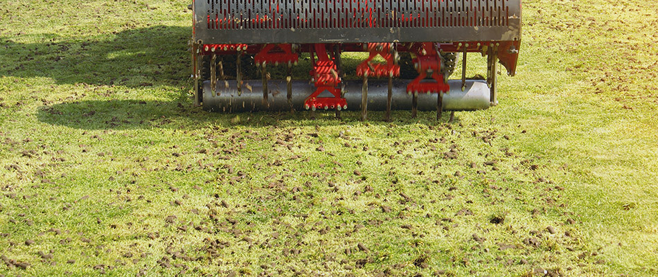 Our red aeration machine at work on a property in Troy, MI.