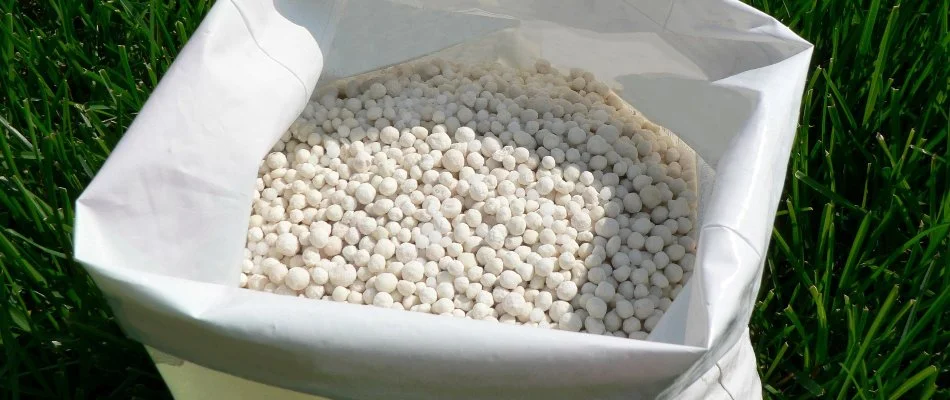 Sack of granular lawn fertilizer in Macomb, MI.