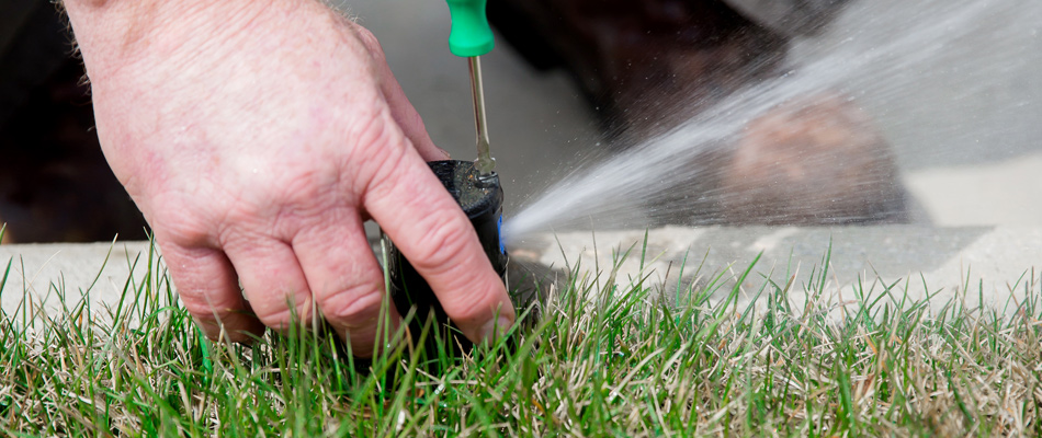 Technician repairing sprinkler in a lawn in Washington, MI.
